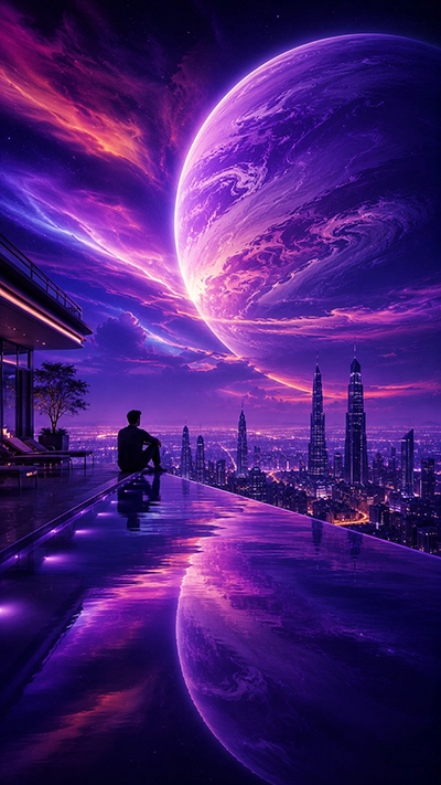 A breathtaking Dreamscape Phone Wallpaper showing a futuristic city skyline, a giant purple planet, infinity pool reflections, and a lone traveler enjoying a magical fantasy sunset in HD.