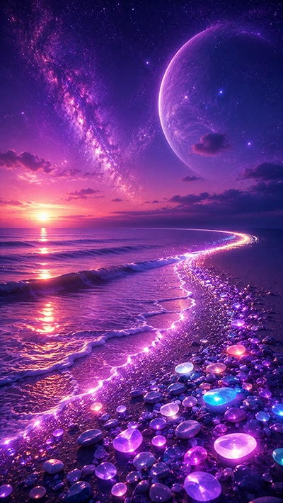 Beach Mobile background showing glowing crystal stones along a purple fantasy beach with gentle waves, a giant planet, and a colorful galaxy sunset in HD.