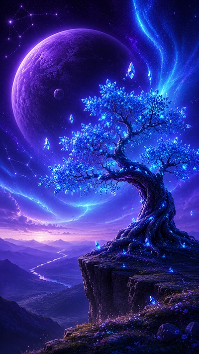 Fantasy Tree Phone Wallpaper showing a glowing blue crystal tree on a rocky cliff with a giant purple planet, floating crystals, bright auroras, and a fantasy night sky in HD.