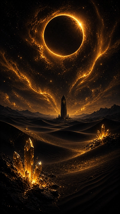 Dark Fantasy mobile Wallpaper showing a black desert with glowing golden crystals, an ancient monolith, a giant solar eclipse, and a dramatic cosmic night sky in HD.