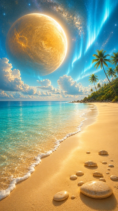 Fantasy Beach Phone Wallpaper featuring a tropical beach with turquoise water, smooth pearl stones, palm trees, a giant golden planet, and glowing aurora beneath a magical sky in HD.