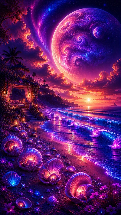 Beach Phone Background featuring glowing blue and purple waves, illuminated seashells, a fantasy beach cottage, a giant celestial planet, and a colorful sunset sky in HD.