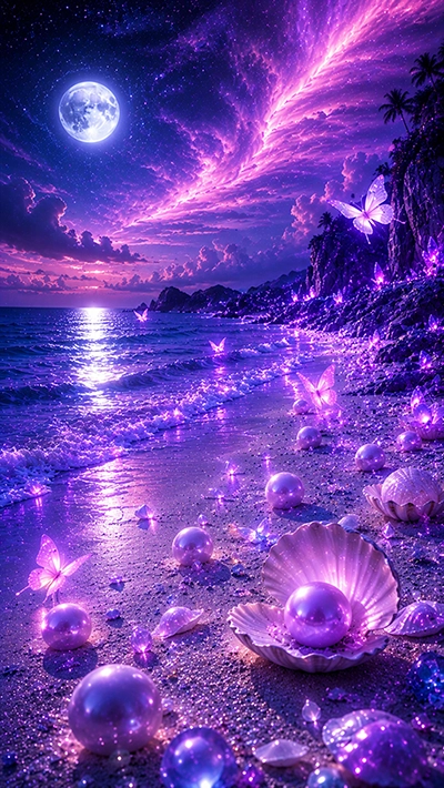 Beach Waves Phone background featuring glowing moonlit ocean waves, magical butterflies, crystal seashells, luminous pearls, and a purple fantasy night sky in HD.