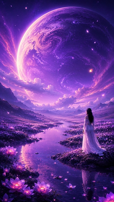 A beautiful Dreamscape Phone Wallpaper featuring a woman standing beside a glowing river with purple lotus flowers beneath a giant fantasy planet and magical twilight sky in HD.