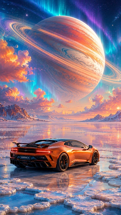 Car Phone Wallpaper featuring an orange futuristic supercar parked on a frozen reflective lake with a giant ringed planet, vibrant auroras, snowy mountains, and a colorful fantasy sky in HD.