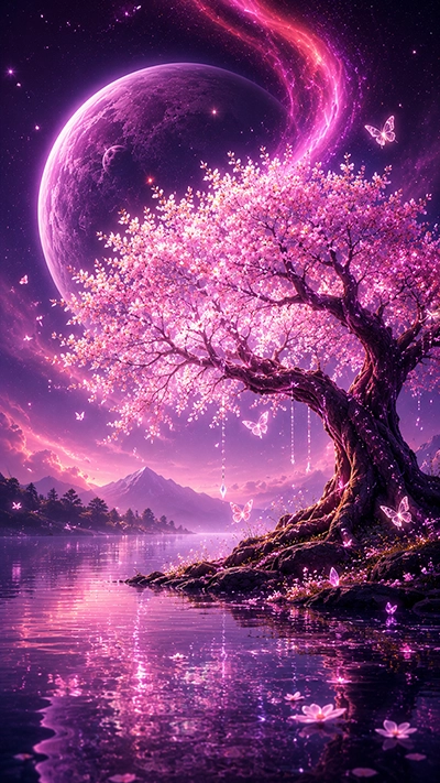 Fantasy Tree Phone Wallpaper featuring a glowing pink blossom tree by a reflective lake with butterflies, a giant purple planet, and a magical fantasy sky in HD.