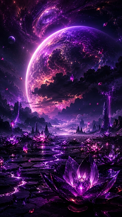 Dark Fantasy Wallpaper showing glowing purple crystal lotus flowers beneath a giant celestial planet with mystical waterfalls, floating petals, and an enchanted cosmic landscape in HD.