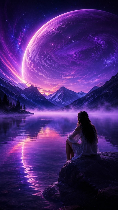 A serene Dreamscape Mobile Wallpaper showing a woman sitting beside a calm mountain lake under a giant purple planet with glowing skies, mist, and beautiful reflections in HD.