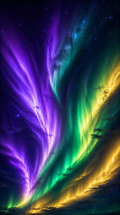 Aurora Wallpaper featuring glowing purple, green, and golden northern lights across a starry night sky in HD for mobile devices.