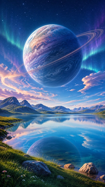 A peaceful Fantasy Planet Mobile Wallpaper showing a massive ringed planet, glowing auroras, calm blue lake reflections, rolling mountains, and a magical fantasy landscape in HD.