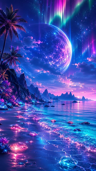 Fantasy Beach Phone Wallpaper featuring glowing turquoise waves, colorful auroras, tropical palm trees, luminous crystals, a giant celestial planet, and a magical sunset over the ocean.