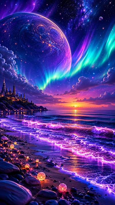 Fantasy Beach Phone Wallpaper with glowing violet ocean waves, colorful auroras, a giant cosmic planet, sunset horizon, star-filled sky, and a magical seaside landscape.