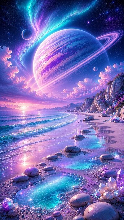 A stunning Beach Waves Phone Wallpaper showing peaceful ocean waves, glowing crystal pools, a giant ringed planet, colorful auroras, rocky cliffs, and magical gemstones along a fantasy beach in HD.