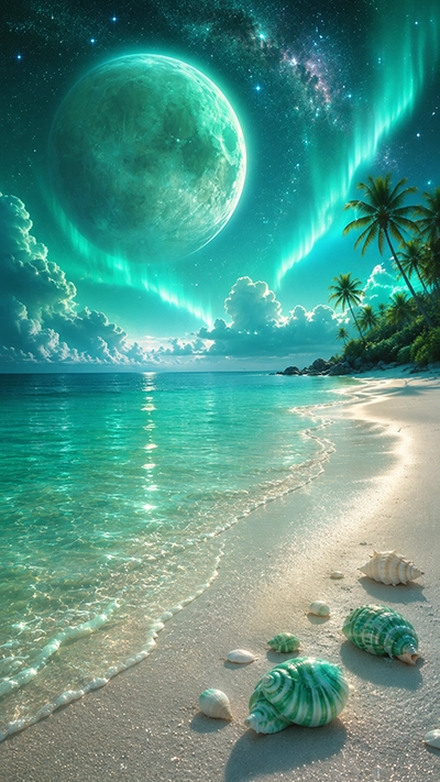 A serene Beach Waves Phone Wallpaper showing gentle turquoise ocean waves, glowing emerald aurora, a giant moon, tropical palms, white sandy beach, and seashells in a magical fantasy setting.