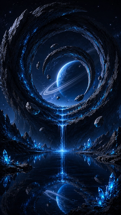 Dark fantasy phone wallpaper showing a blue ringed planet inside giant spiral rocks, glowing crystals, floating asteroids, a luminous waterfall, and dark reflective water in HD.