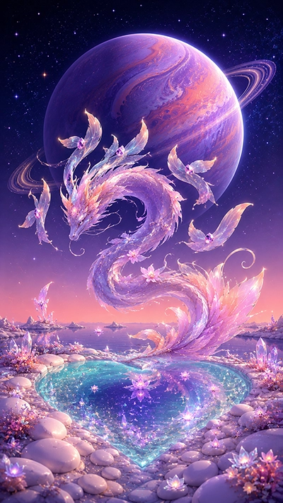 Dragon Phone Wallpaper featuring a pastel blossom dragon floating above a heart-shaped crystal lagoon beneath a purple ringed planet and starry fantasy sky.