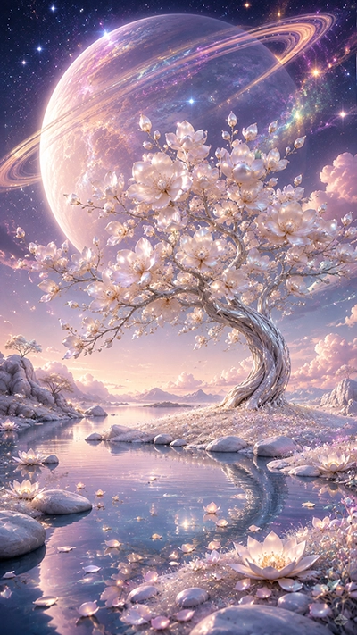 A magical Tree Phone Wallpaper featuring a luminous blossom tree beside a peaceful crystal lake with lotus flowers, a giant ringed planet, pastel clouds, and a fantasy sky.