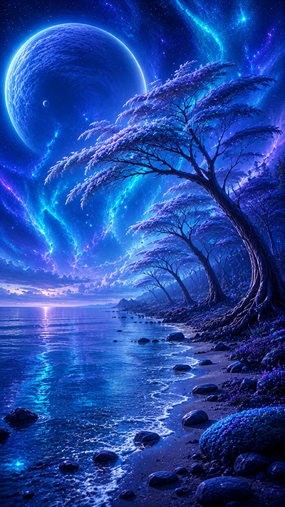 Tree Phone Wallpaper showing glowing blue fantasy trees beside a calm ocean, with a giant planet, celestial aurora, rocky beach, and star-filled HD night sky.