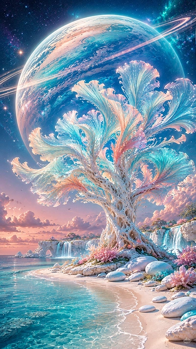 Fantasy Tree Phone Background featuring a coral-inspired white tree beside a crystal beach, turquoise ocean, pastel clouds, glowing waterfalls, and a giant ringed planet in the sky.