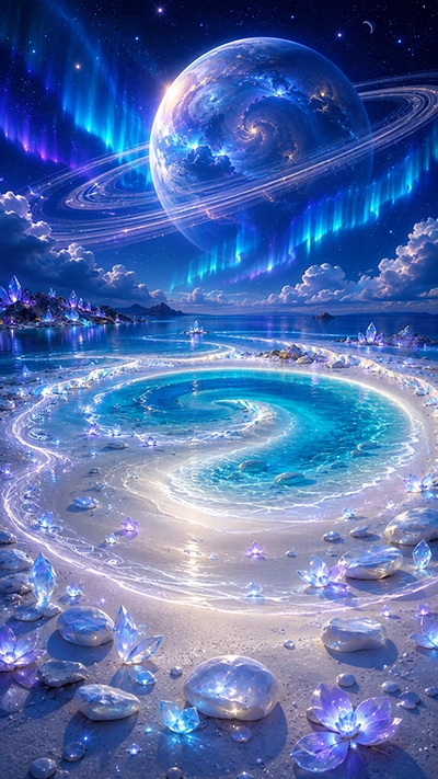 Fantasy Beach Phone Wallpaper showing a glowing crystal lagoon with spiral water, luminous flowers, sparkling gemstones, calm ocean, colorful auroras, and a massive ringed planet above.