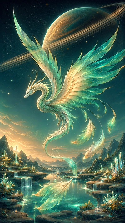 Emerald and golden feathered dragon flying above a crystal valley with waterfalls and a ringed planet in this Dragon Phone Wallpaper.