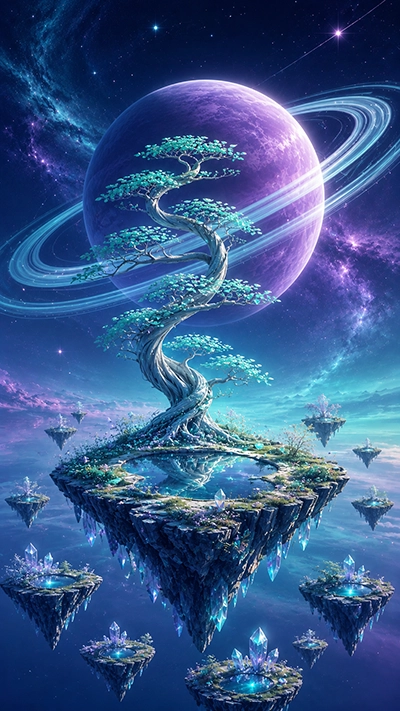 Tree Phone Wallpaper showing a silver twisting tree with turquoise leaves on a floating island, glowing crystals, reflective pools, and a giant purple ringed planet in HD.