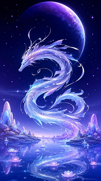 Ethereal blue crystal dragon floating beneath a giant violet moon above lotus-covered water in a magical Dragon Phone Wallpaper HD scene.