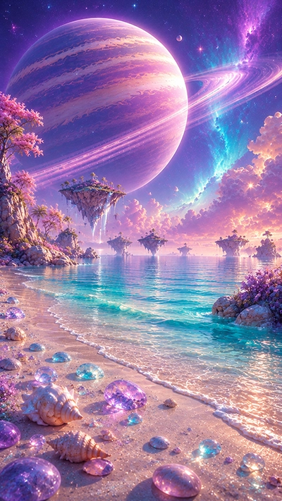 Beach Phone Wallpaper with turquoise ocean waves, glowing crystal shells, floating tropical islands, and a giant purple ringed planet in an HD fantasy landscape.