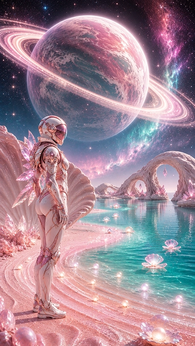 A beautiful Astronaut Phone Wallpaper showing a futuristic astronaut standing on a glowing fantasy beach with crystal formations, turquoise water, pearl shells, sea arches, and a giant ringed planet.