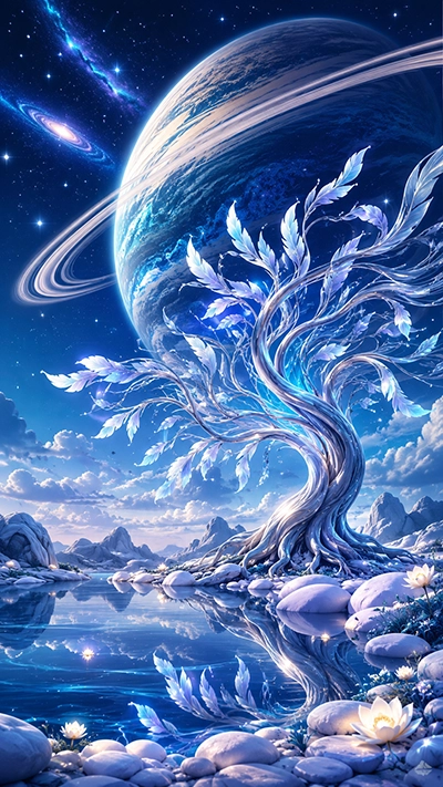 A magical Tree Phone Wallpaper showing a glowing silver tree with crystal leaves beside a tranquil blue lake, white stones, lotus flowers, a giant ringed planet, and a celestial fantasy sky.