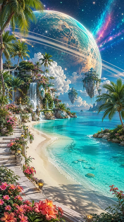 Beach Mobile Wallpaper showing a turquoise tropical beach, palm trees, waterfalls, colorful flowers, floating islands, and a giant ringed planet beneath an HD celestial sky.