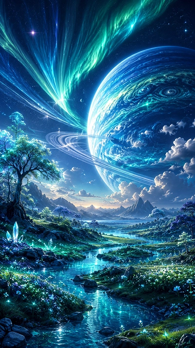 Fantasy Northern Lights phone wallpaper showing a glowing emerald aurora above a crystal river, giant ringed planet, magical valley, luminous trees, mountains, and sparkling blue flowers.