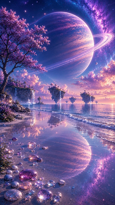 HD beach phone wallpaper with a violet cosmic shoreline, crystal stones, floating waterfall islands, pink clouds, and a giant ringed planet.