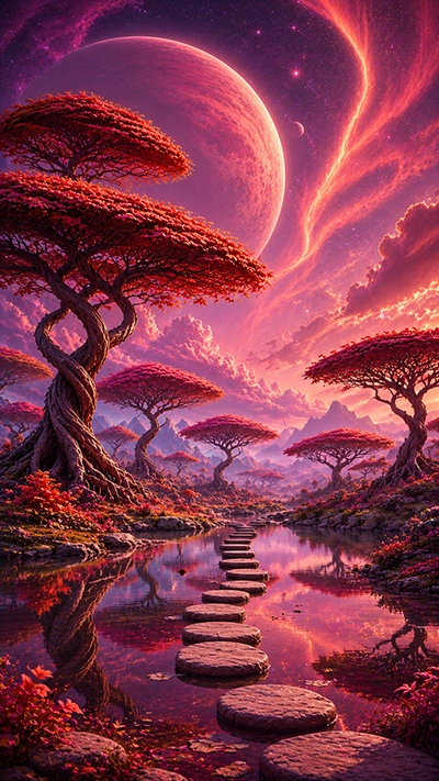 Fantasy Tree Phone Background showing towering crimson trees beside a reflective river with stepping stones, glowing clouds, and a massive pink planet in the sky.