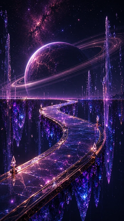 Dark fantasy phone wallpaper showing a winding crystal bridge, purple floating crystals, towering gemstone formations, and a giant ringed planet beneath an HD starry sky.
