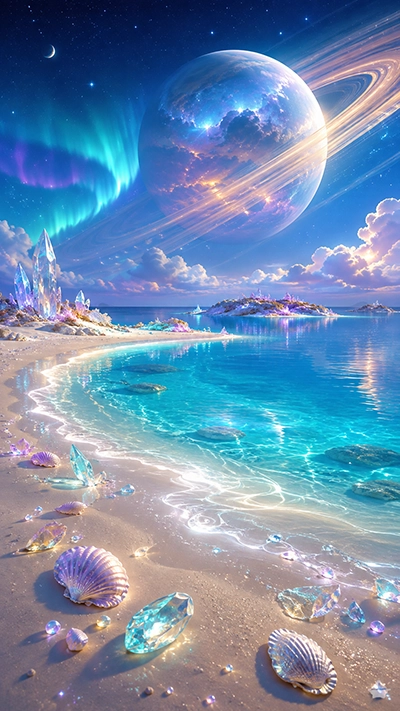 Fantasy Waves Phone Wallpaper showing crystal-clear turquoise waves, glowing crystals, seashells, peaceful beach, colorful auroras, magical islands, and a giant ringed planet in the sky.