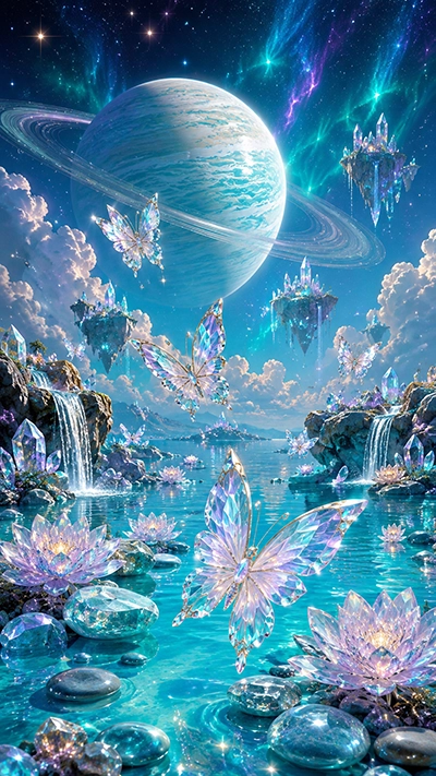 A magical Butterfly Phone Wallpaper showing crystal butterflies flying above glowing lotus flowers, turquoise fantasy waters, floating crystal islands, waterfalls, and a giant ringed planet under vibrant auroras.