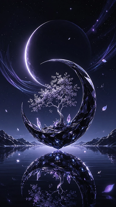 Dark fantasy phone wallpaper showing a silver tree inside a black crystal crescent, violet gemstones, a dark celestial planet, floating leaves, and reflections on HD moonlit water.