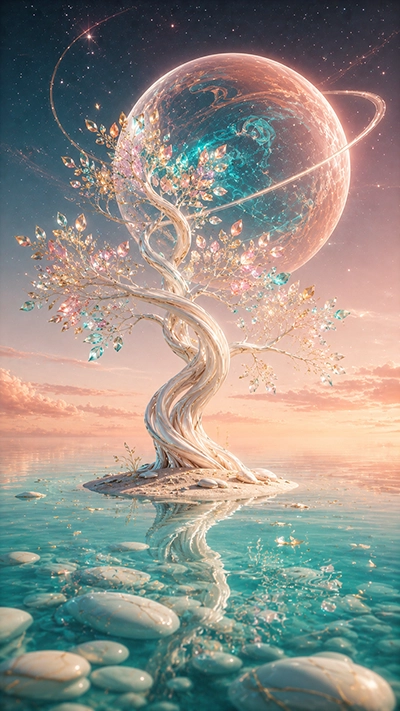 Tree Phone Wallpaper showing a twisted pearl-white fantasy tree with colorful crystal leaves, turquoise reflective water, smooth stones, and a giant ringed planet in an HD sky.