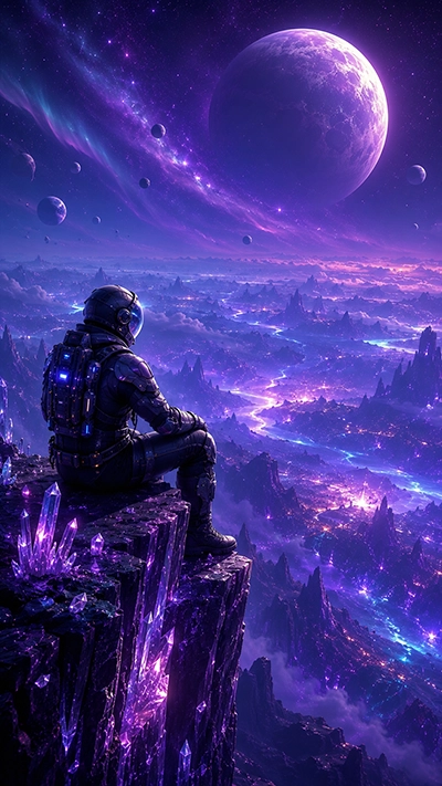A stunning Astronaut Phone Wallpaper showing a futuristic astronaut sitting on crystal cliffs above a glowing fantasy valley with cosmic rivers, giant purple planets, stars, and alien landscapes.