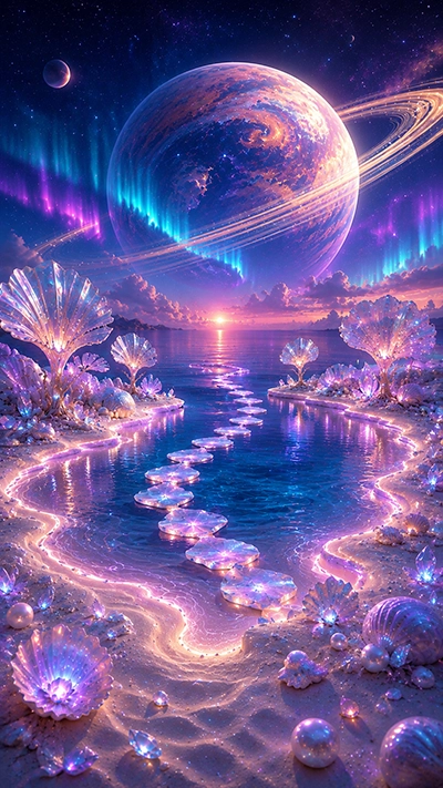 A magical Beach Phone Wallpaper showing a glowing crystal beach with luminous stepping stones, sparkling shells, calm ocean water, colorful auroras, and a giant ringed planet in the night sky.