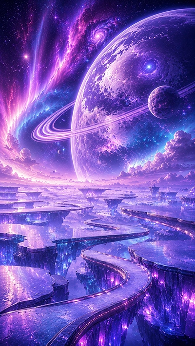 Fantasy Northern Lights phone wallpaper with a massive purple ringed planet, glowing auroras, floating crystal platforms, winding luminous pathways, galaxies, and a vibrant cosmic sky.