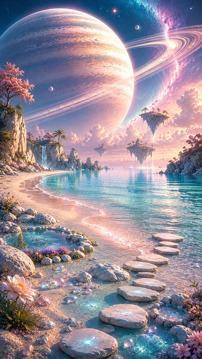 Beach Mobile Wallpaper with turquoise lagoon water, stone pathway, glowing crystals, tropical flowers, floating islands, waterfalls, and a giant ringed planet in an HD celestial landscape.