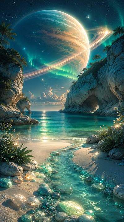 Beach Phone Wallpaper showing a turquoise tropical cove, luminous stones, rocky sea arches, green aurora lights, and a giant ringed planet in an HD fantasy sky.