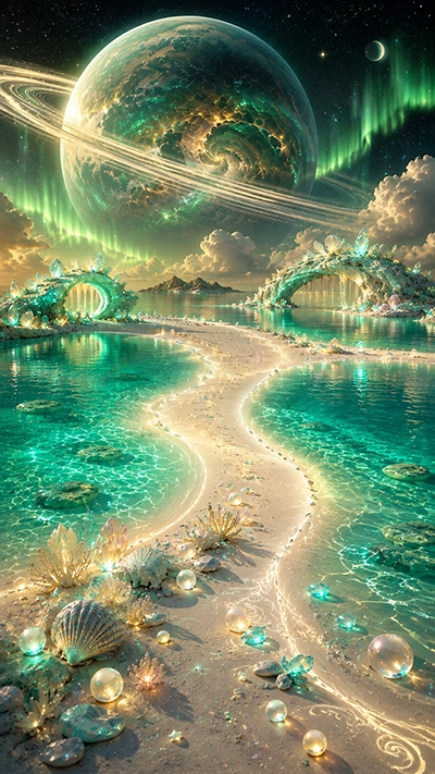 HD beach phone wallpaper with turquoise fantasy water, glowing sandy shore, crystal coral, emerald aurora, and a giant golden ringed planet.