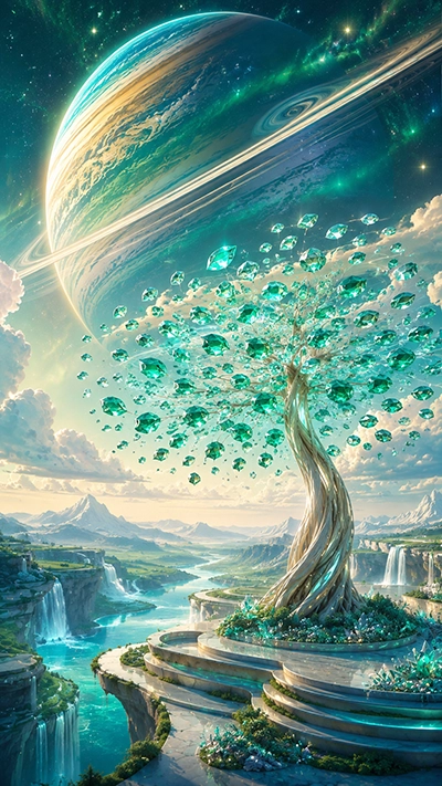Fantasy Tree Phone Background showing an emerald crystal tree with sparkling gemstone leaves, waterfalls, turquoise rivers, floating cliffs, and a giant ringed planet in a colorful sky.
