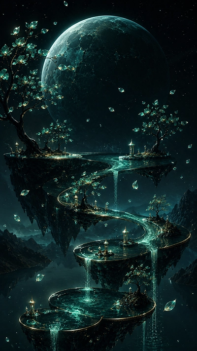 Dark fantasy phone wallpaper showing floating emerald islands, luminous waterfalls, crystal trees, winding paths, golden lanterns, and a giant dark planet in an HD celestial landscape.