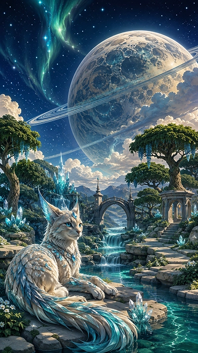 A stunning Fantasy Cat Phone Wallpaper featuring a majestic crystal guardian cat resting beside glowing blue crystals, waterfalls, ancient bridges, lush fantasy gardens, and a giant ringed moon beneath a star-filled sky.