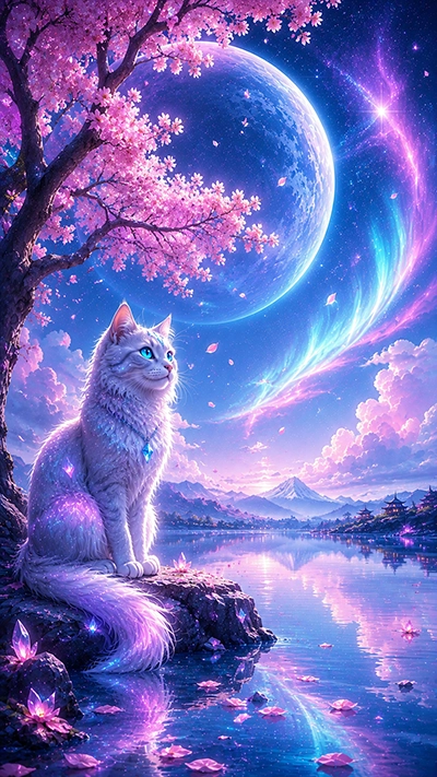A magical Fantasy Cat Phone Wallpaper showing a white mystical cat with glowing blue eyes beneath pink cherry blossoms, beside a peaceful lake, with a giant moon, colorful auroras, crystal flowers, and distant fantasy temples.