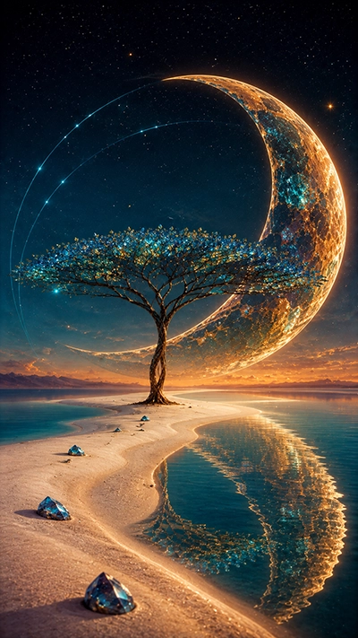 Tree Phone Wallpaper showing a fantasy tree with turquoise crystal leaves, golden sand, blue gemstones, reflective water, and a giant glowing crescent planet in an HD starry sky.